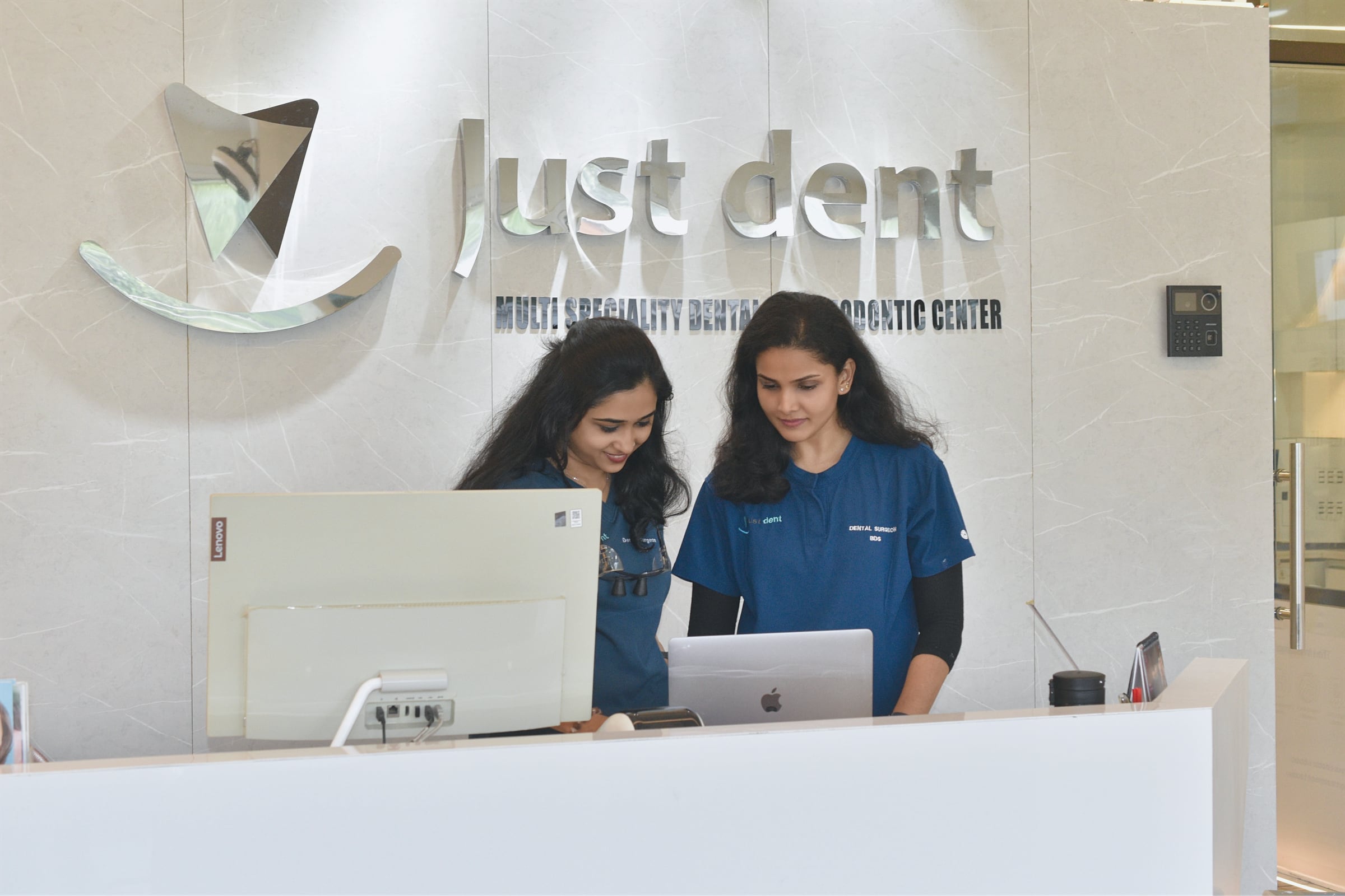 Just Dent reception desk at the Kayamkulam clinic